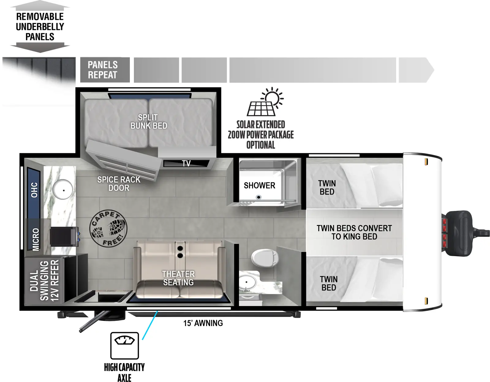 The 165VIEW has one slideout and one entry. Exterior features removable underbelly panels, optional solar extended 200W solar package, high capacity axles, and 15 foot awning. Interior layout front to back: opposing twin beds with an insert to make it a single king bed; split pass-thru full bathroom; off-door side TV and spice rack door with hidden split bunk bed behind; door side theater seating and entry; rear dual swinging 12V refrigerator, kitchen counter with cooktop, microwave, sink, and overhead cabinet. Carpet free RV.